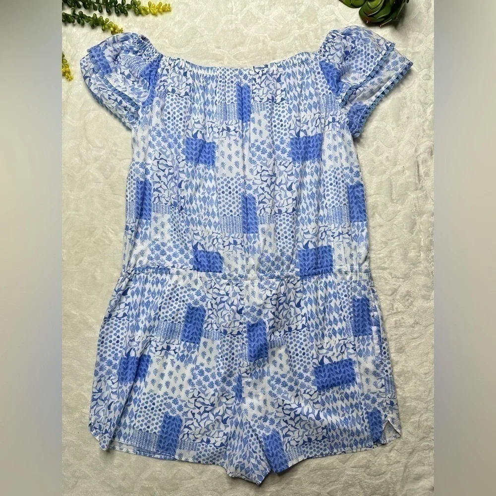 Vineyard Vines Painted Patchwork Ruffle Off The Shoulder Romper in Hydrangea L